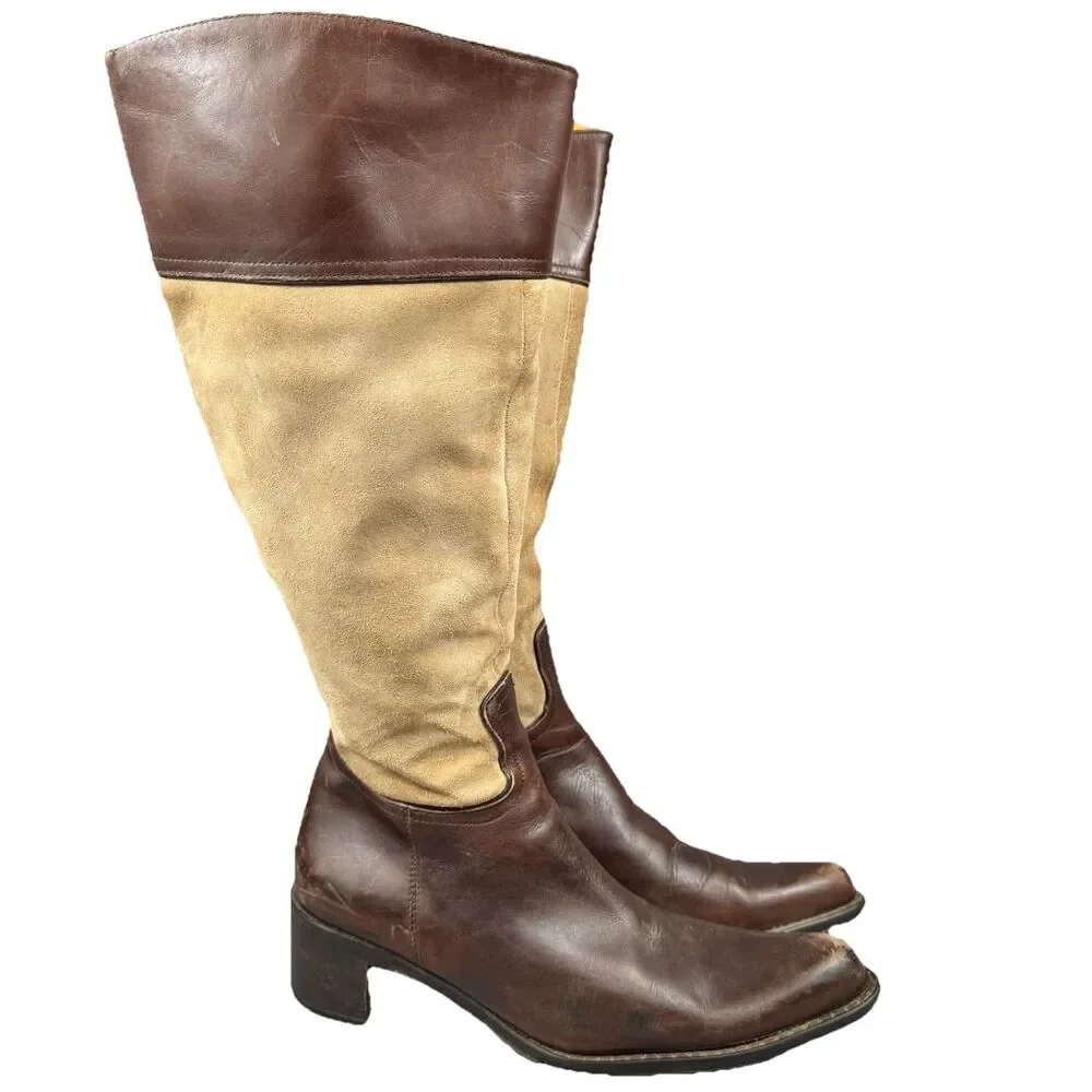 Coach Boots Womens 8.5 B Olivia Knee High Riding Two Tone Brown Leather Suede